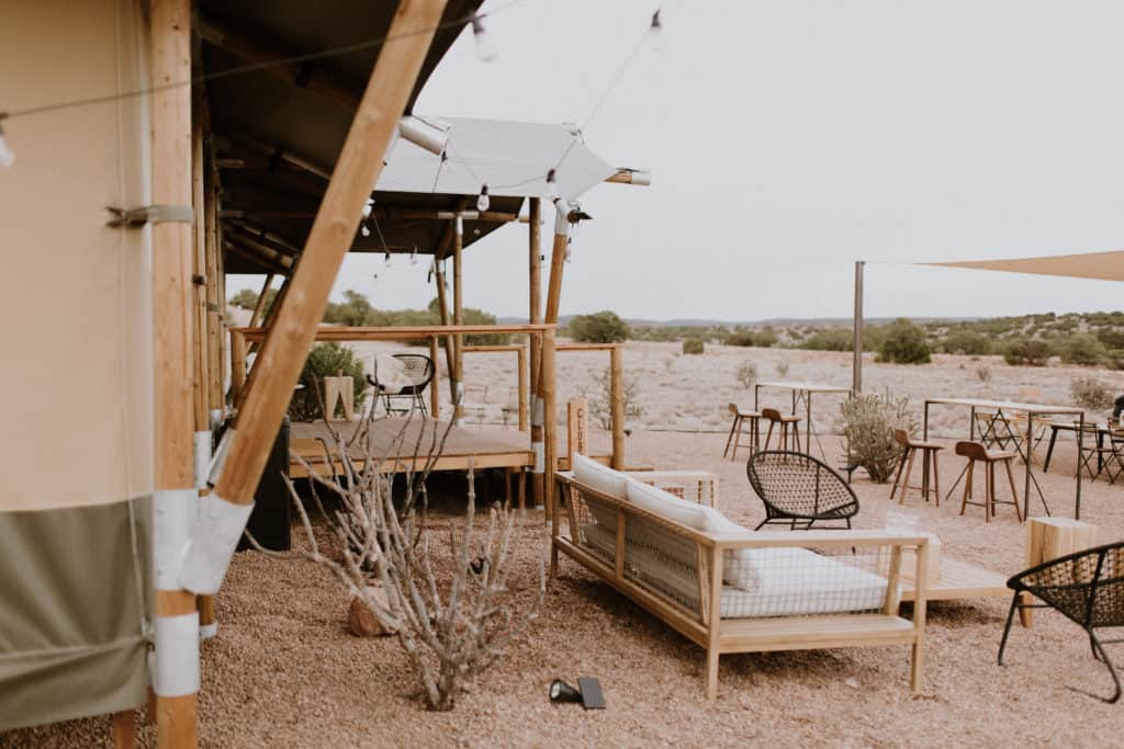 Brown Canvas Safari Tent at Glamping Retreat in New Mexico with Modern Furniture and a View